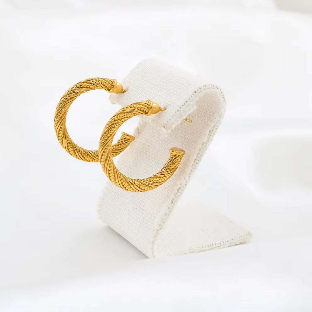 Textured Curved Rope Stainless Steel Hoop Earrings Unique C-Shaped Women'S Stud Ear Jewelry anti Allergic My Store