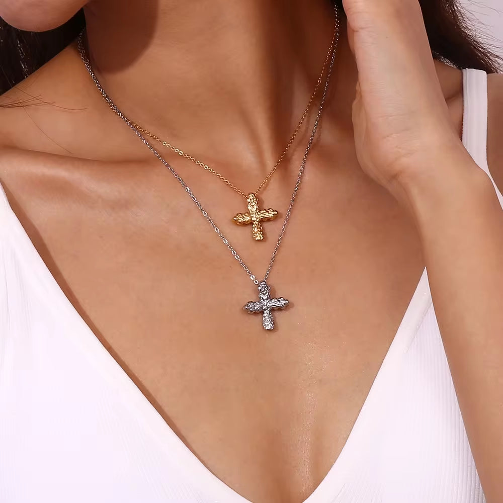 Hammered Cross Necklace 18K Gold Plated Jewelry Waterproof 316L Stainless Steel Titanium Jewelry My Store