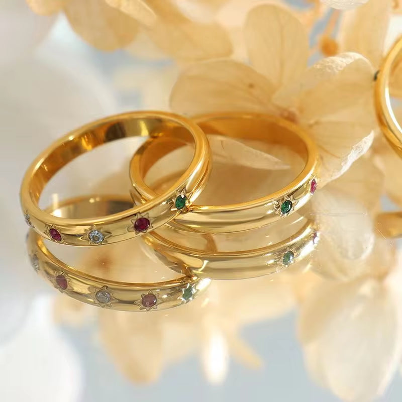 French Vintage Trendy Micro Pave Geometric Crystal Colorful Zircon Stainless Steel Simple Luxury Jewelry 18K Gold Plated My Store