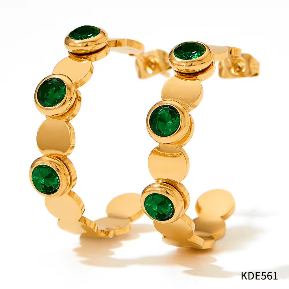 Waterproof Charm Fashion Jewelry 18K Gold Plated Stainless Steel Green Colorful Cubic Zirconia Hoop Earrings Women My Store