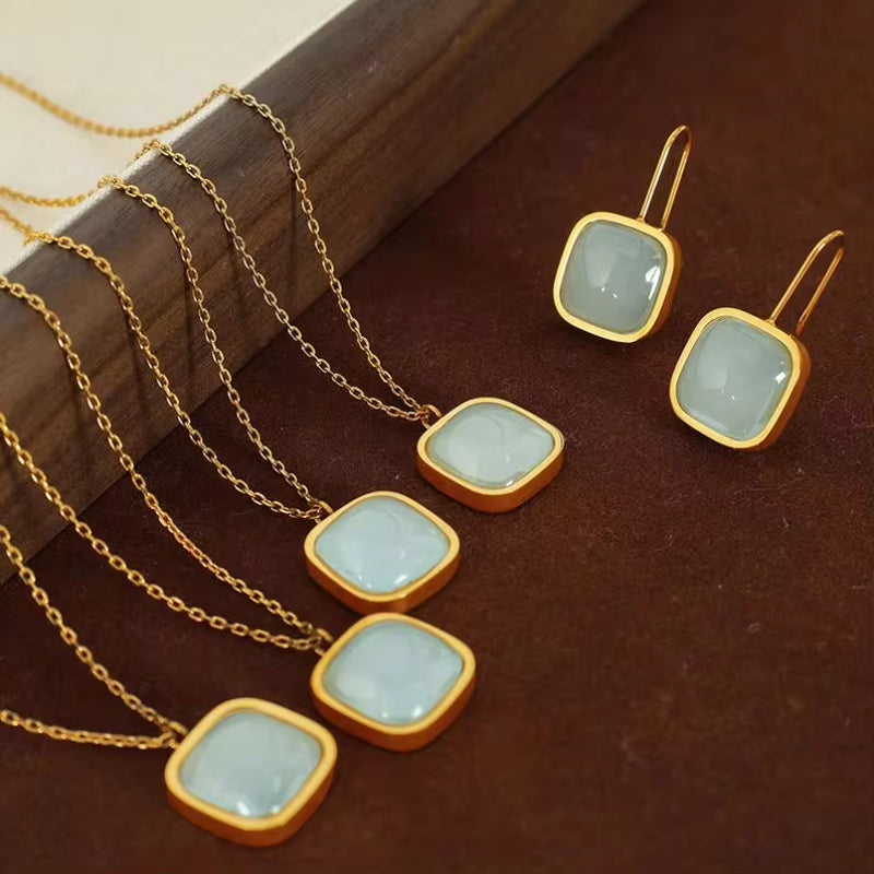 JEWELRY XL67-EH144 French Earrings Light Green Jade Earrings Necklace 316L Stainless Steel Jewellery Set for Women My Store