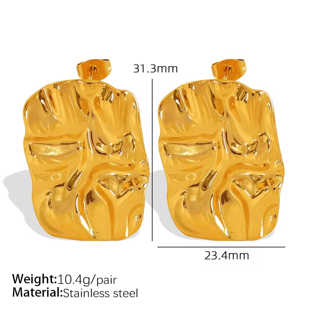JEWELRY EH270-1 Fashion Lava Ruffles Hammered Delicate Earrings Stainless Steel Gold Plated Rectangle Geometric My Store