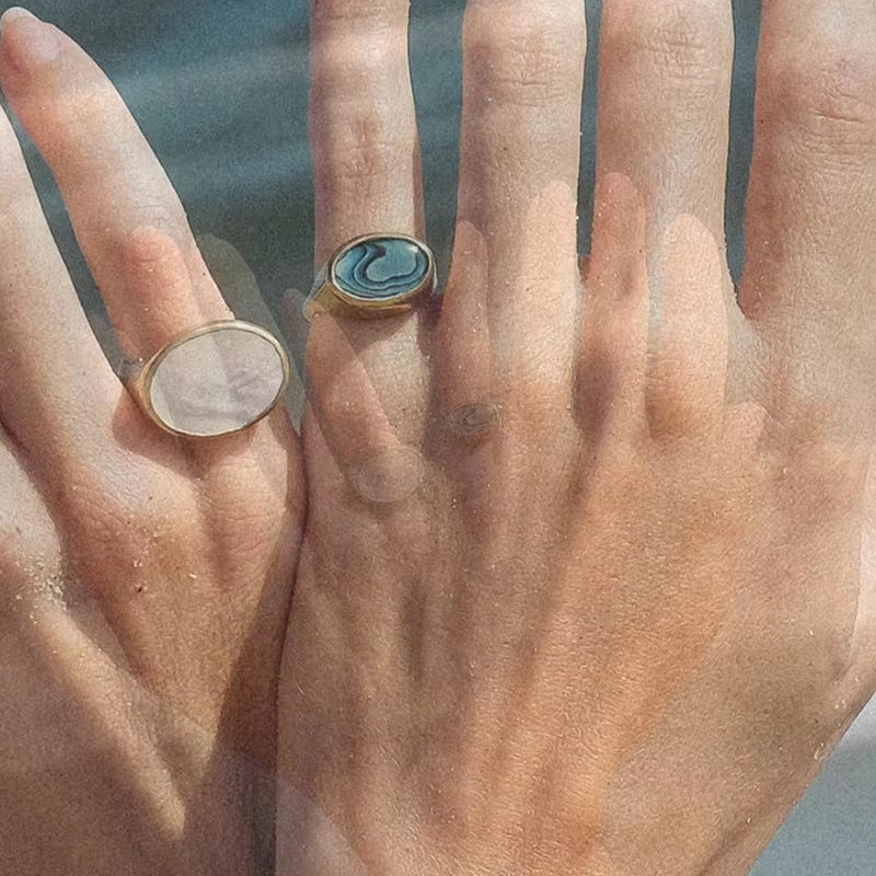 Waterproof 18K Gold Plated Oval Abalone Shell Rings Stainless Steel Jewelry Dainty round Natural Shell Rings My Store