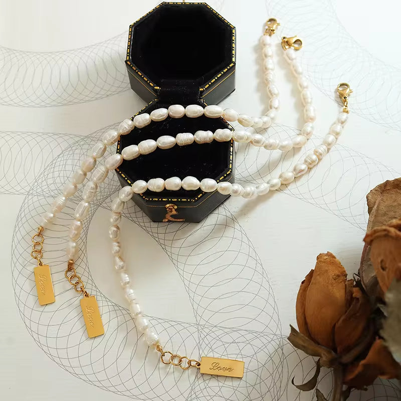 Dainty 18K Gold Plated Stainless Steel Lucky Charm Quality Fresh Water Pearl Jewelry Natural White Freshwater Pearl Bracelet My Store