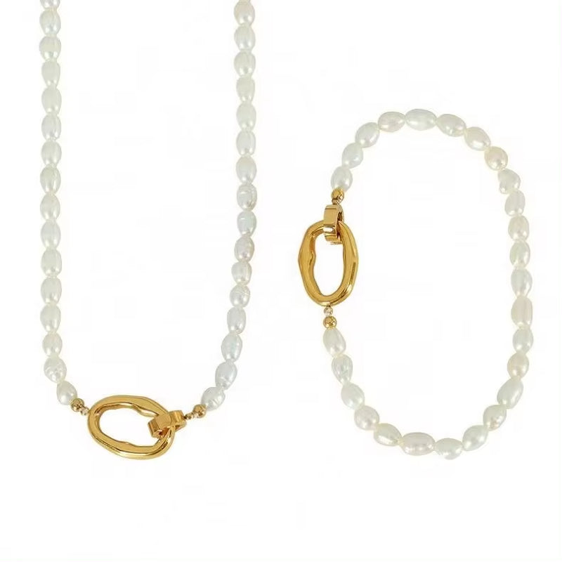 JEWELRY XL19-SL04 Fashion Freshwater Pearls Bracelet Necklace Set Women Stainless Steel Choke Chain My Store