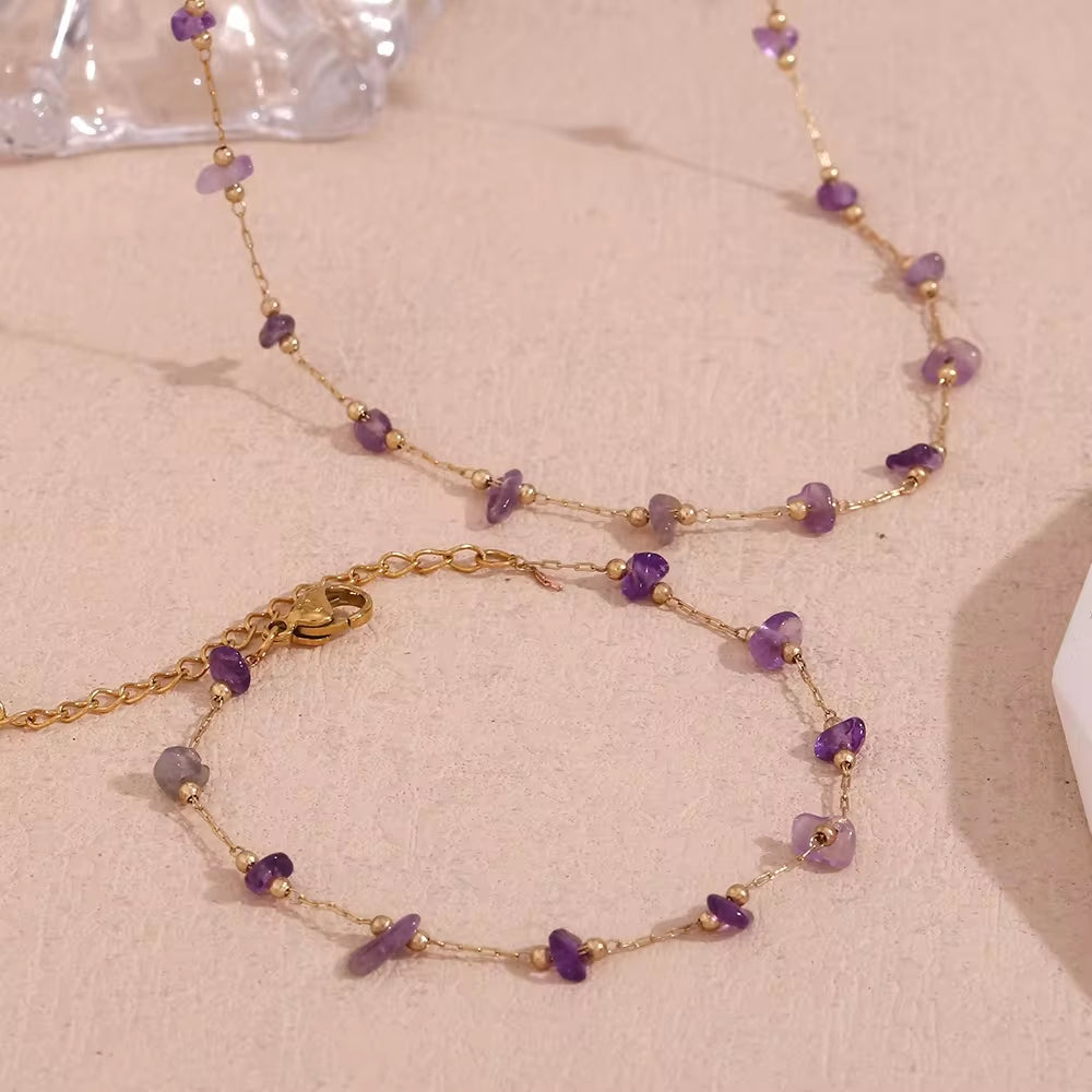 Purple Crystal Choker Gemstone Beaded Gold Plated Necklace Stainless Steel Jewelry Valentines Day Gift 2024 My Store