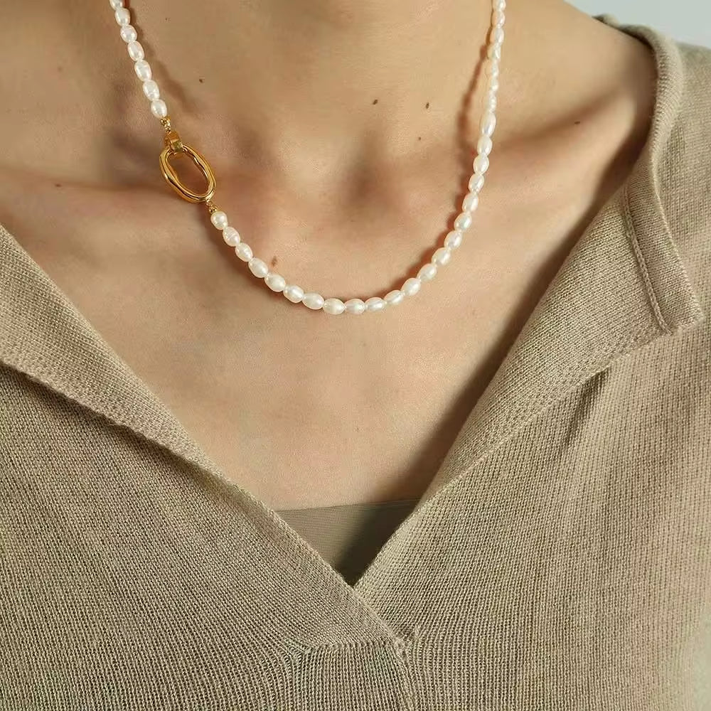 JEWELRY XL19-SL04 Fashion Freshwater Pearls Bracelet Necklace Set Women Stainless Steel Choke Chain My Store