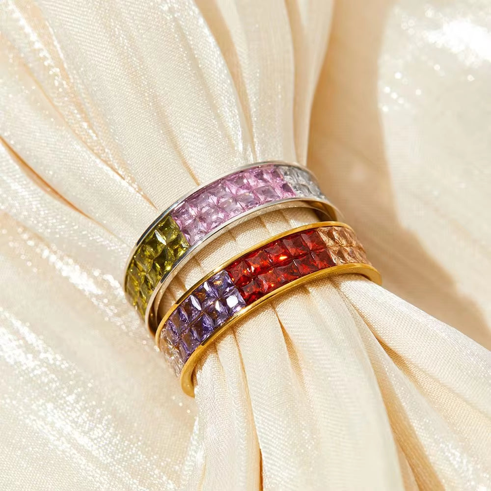 Classic Hot Sell Double Layer Square Crystal Pave Multicolor Stainless Steel Ring Colorful Diamond Rings Jewelry Wome My Store