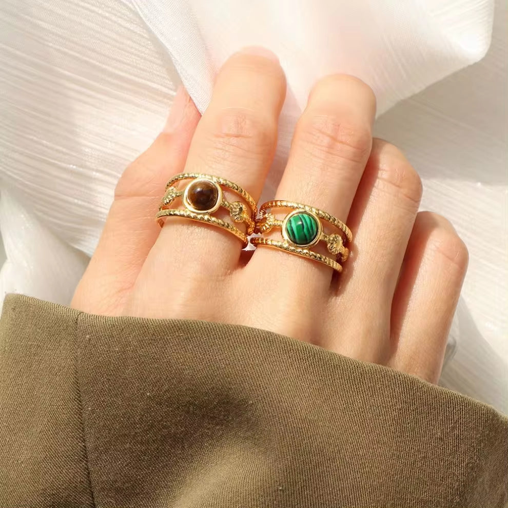 JEWELRY JZ26-27 Hot Sale Tiger Eye Turquoise Skeleton Ring Stainless Steel Open End Ring My Store