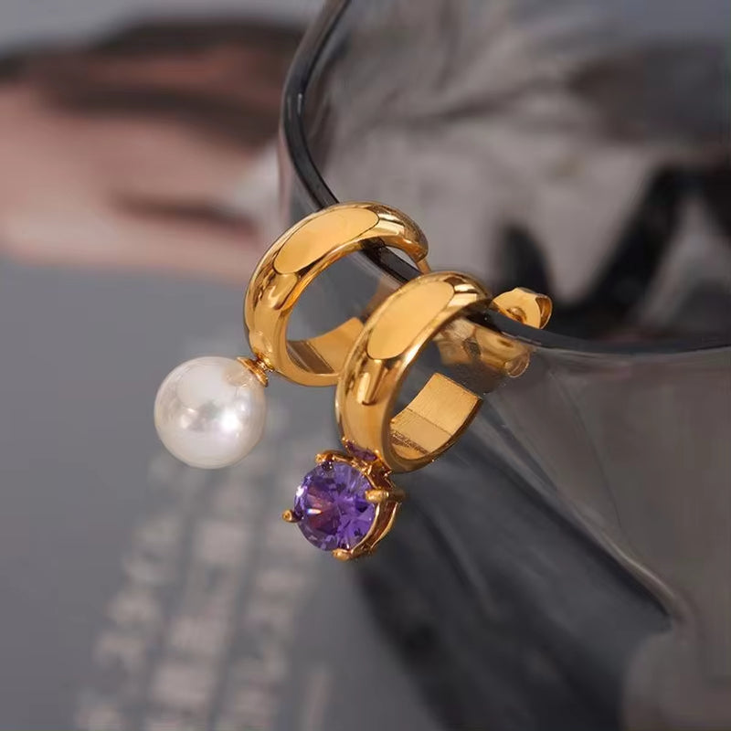 18K Gold Plated Stylish Charm Aretes Jewelry Stainless Steel Geometric Drop Pearl Zircon Studs Earrings Orecchino My Store