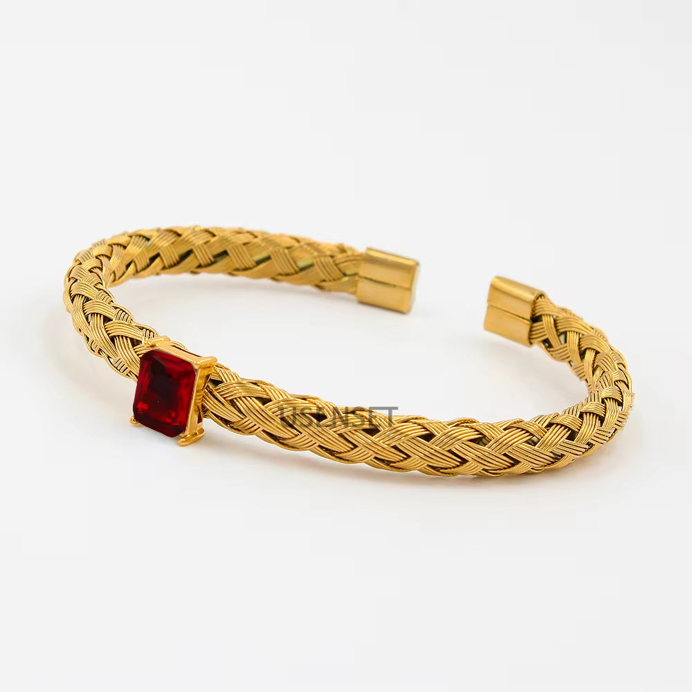 Stainless Steel Mesh Weave Open Bangle 18K Gold Plated Bracelet Cubic Zirconia Bling Charm Waterproof Jewelry Women My Store