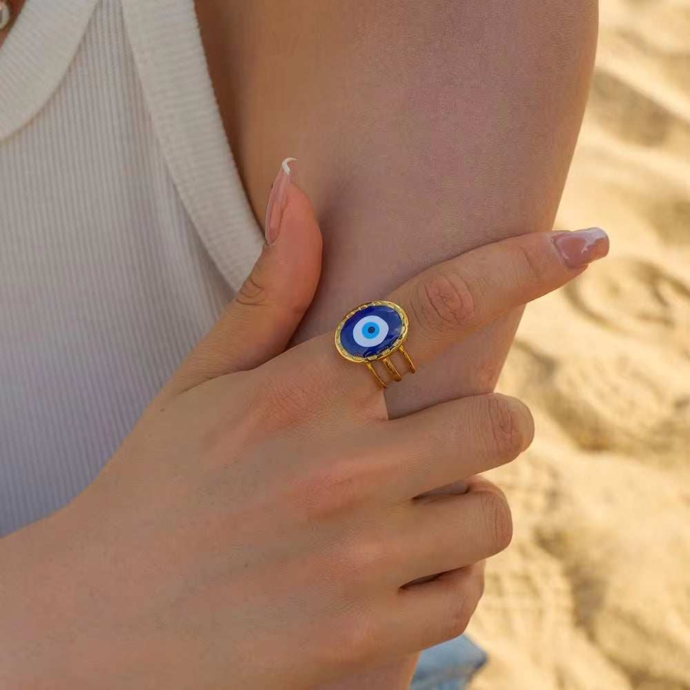 Jewelry 18K Gold Plated Three Layer Eye Ring Stainless Steel Blue Enamel Evil Eyes Stacking Rings My Store