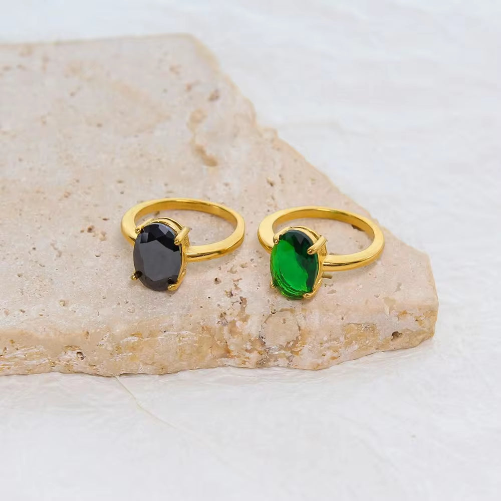 Wholesale Europe Simple Fashion 18K Gold Plated Stainless Steel INS Oval Shape Zircon Finger Rings for Women Girls My Store