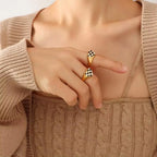 Minimalist 18K Gold Plated Enamel Heart Tarnish Free Checkered Stainless Steel Rings Women Jewelry My Store
