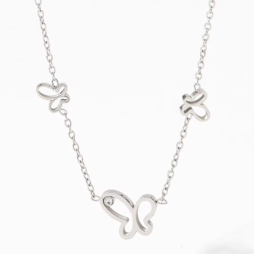 Ins Thin Chain Gold Plated Stainless Steel Three Butterfly Shape Hollow Zircon Necklace My Store