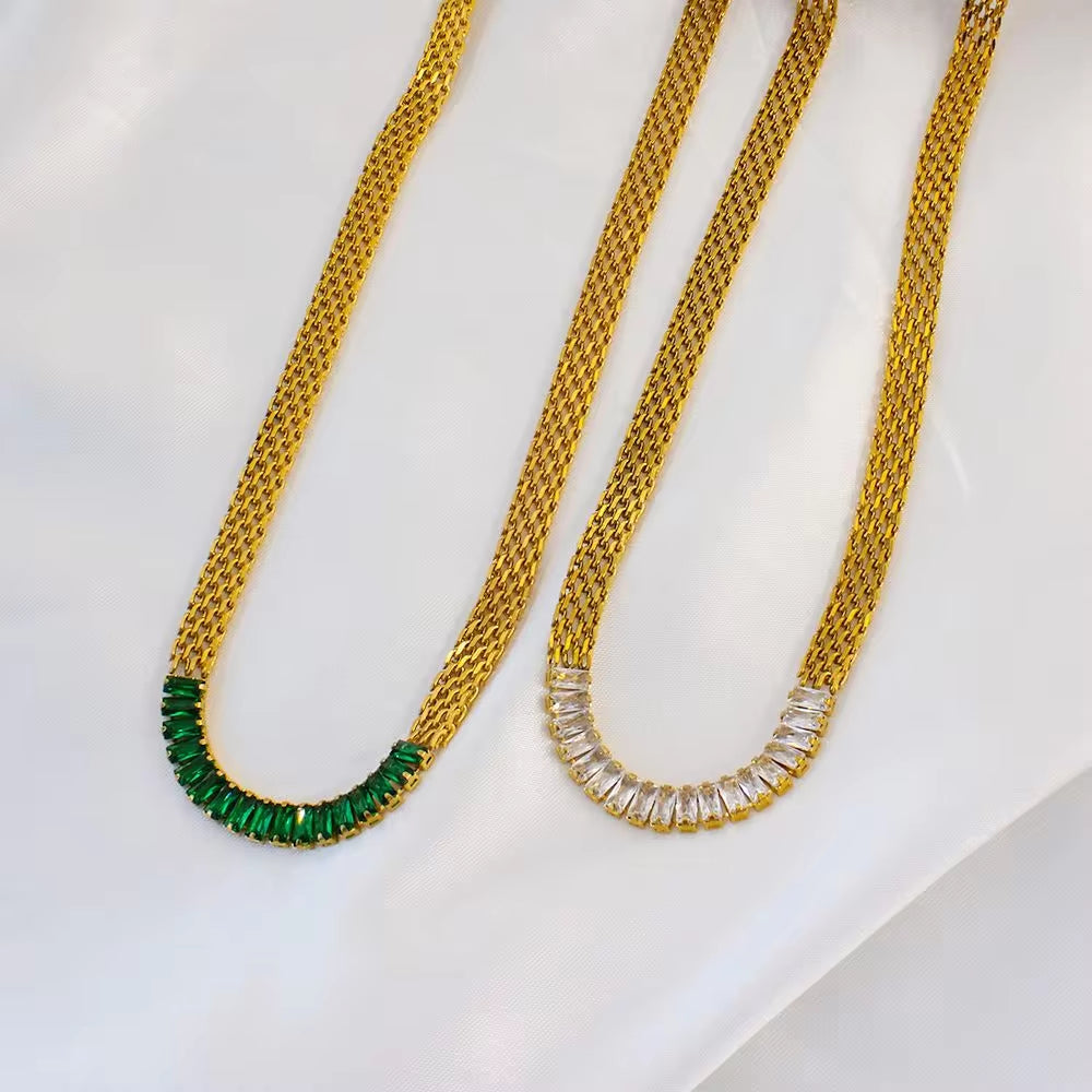 Mesh Chains Necklaces Tennis Green Zircon Square Stainless Steel 18K Gold Color-Preserving Bracelet My Store
