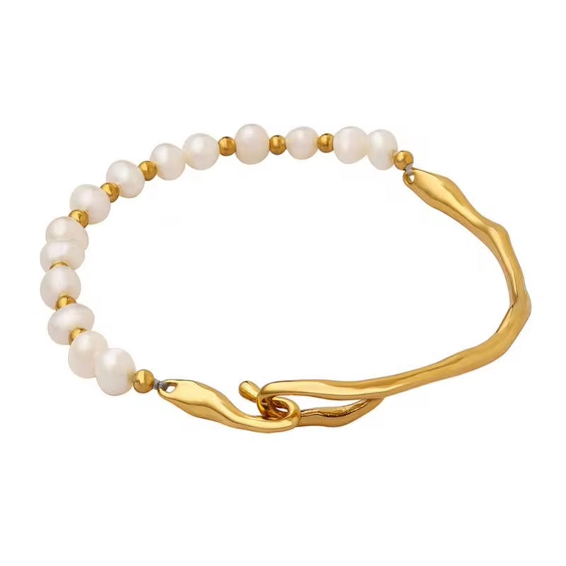 Designs Women Jewelry 18K Gold Plated Stainless Steel Beaded Fresh Water Pearl Bangle Bracelet for Women My Store