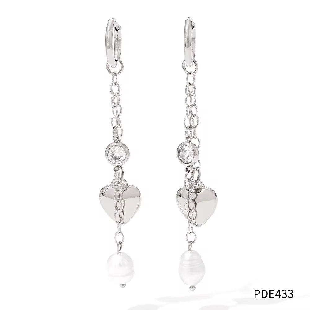 18K Gold 316 Stainless Steel Chain Link Natural Pearl Heart Long Drop Dangle Earrings for Women Waterproof Jewelry My Store