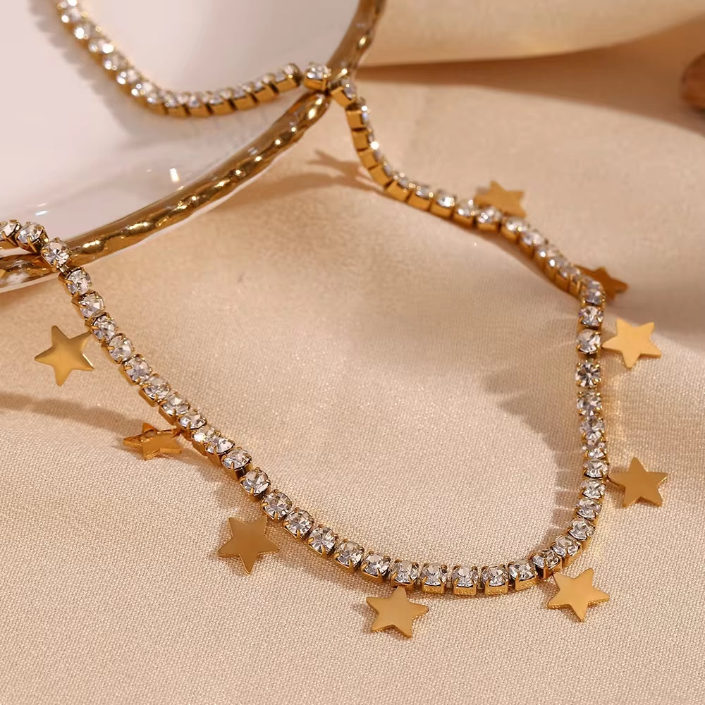 Shining Zircon Tennis Chain Necklace Gold Plated Star Charm Necklace Stainless Steel Jewelry My Store