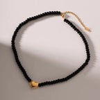 18K Gold Plated Stainless Steel Gift Black Obsidian Beads 3D Dimensional Heart Pendant Choker Necklace Women My Store