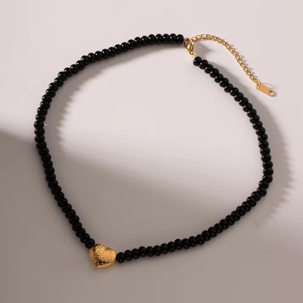 18K Gold Plated Stainless Steel Gift Black Obsidian Beads 3D Dimensional Heart Pendant Choker Necklace Women My Store