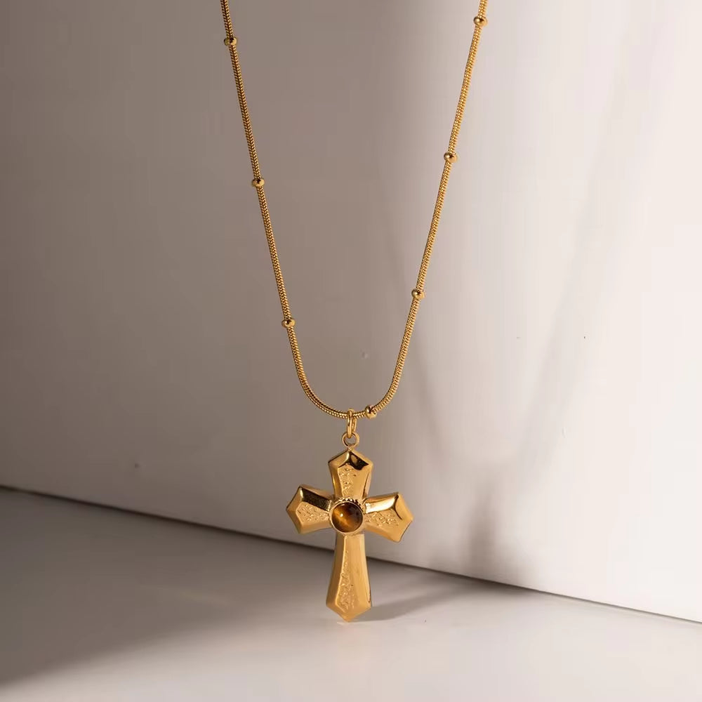Jewelry 18K PVD Gold Plated Hammer Cross Necklace Tiger Eye Stone Cross Pendant Necklace for Women My Store