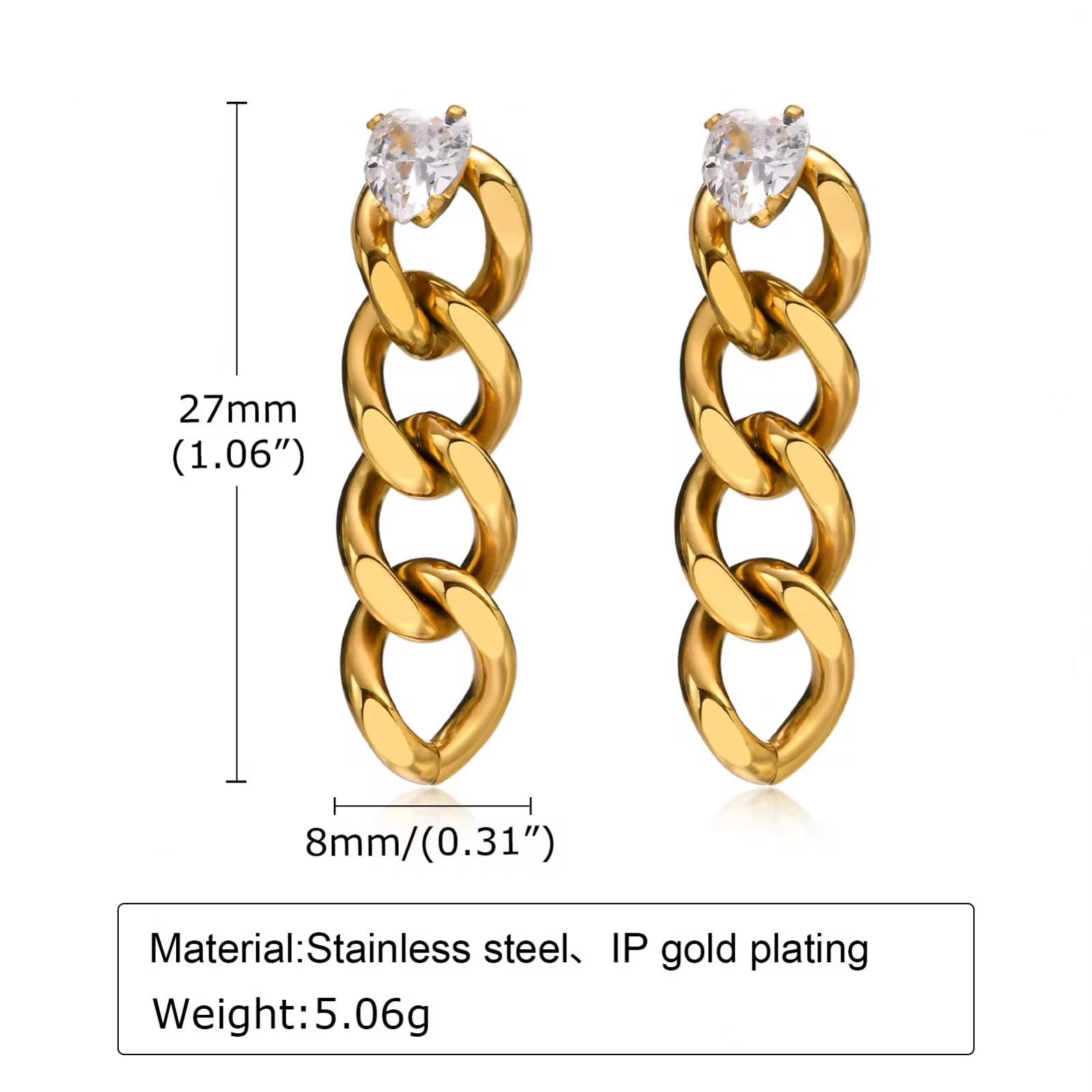 Hot Sale Ip Gold Plating Cubic Zircon Link Chain Pendant Earrings No Fade Stainless Steel Heart Shape Diamond Chain Earrings My Store