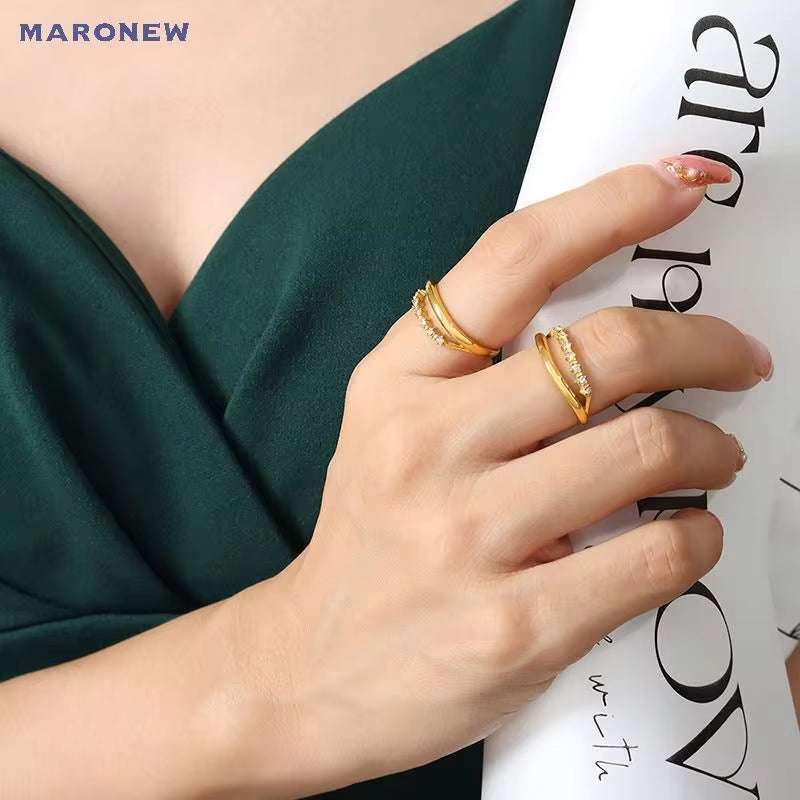 Ins Custom Fashion Jewelry 18K Gold Plated Stainless Steel Initial Zircon Rings for Women Bague My Store