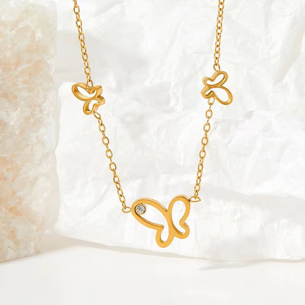 Ins Thin Chain Gold Plated Stainless Steel Three Butterfly Shape Hollow Zircon Necklace My Store