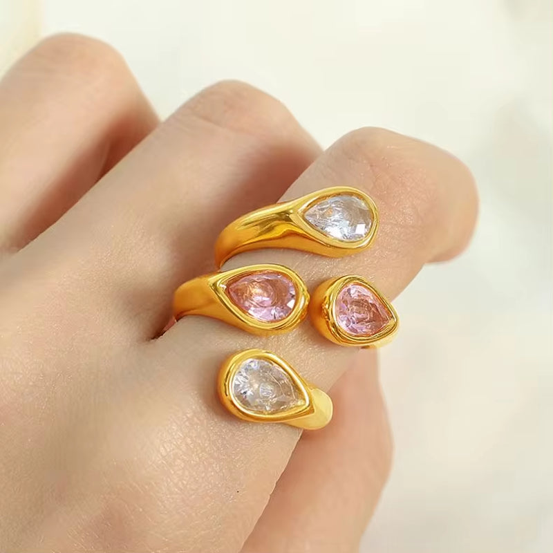 JEWELRY JZ14 Hot Sale Zirconia Double Teardrop Open End Ring Stainless Steel 18K Gold Plated Fashion Jewelry My Store