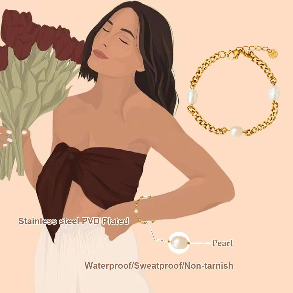 Vintage Pearl Charm Cuban Link Chain Bracelet 18K Gold Plated Stainless Steel Chain Bracelet My Store