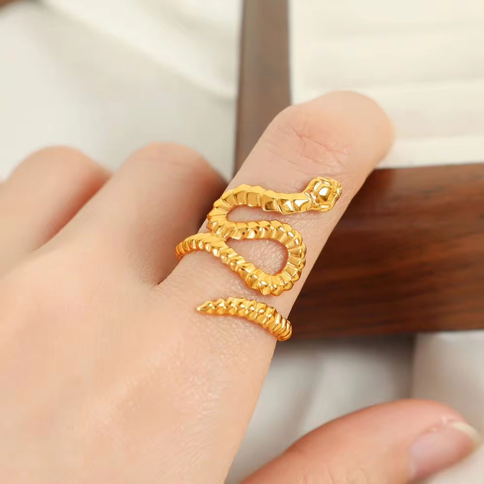 JEWELRY JZ38 Fashion Stainless Steel Alien Snake Style Ring Gold Plated 18K Open End Ring My Store