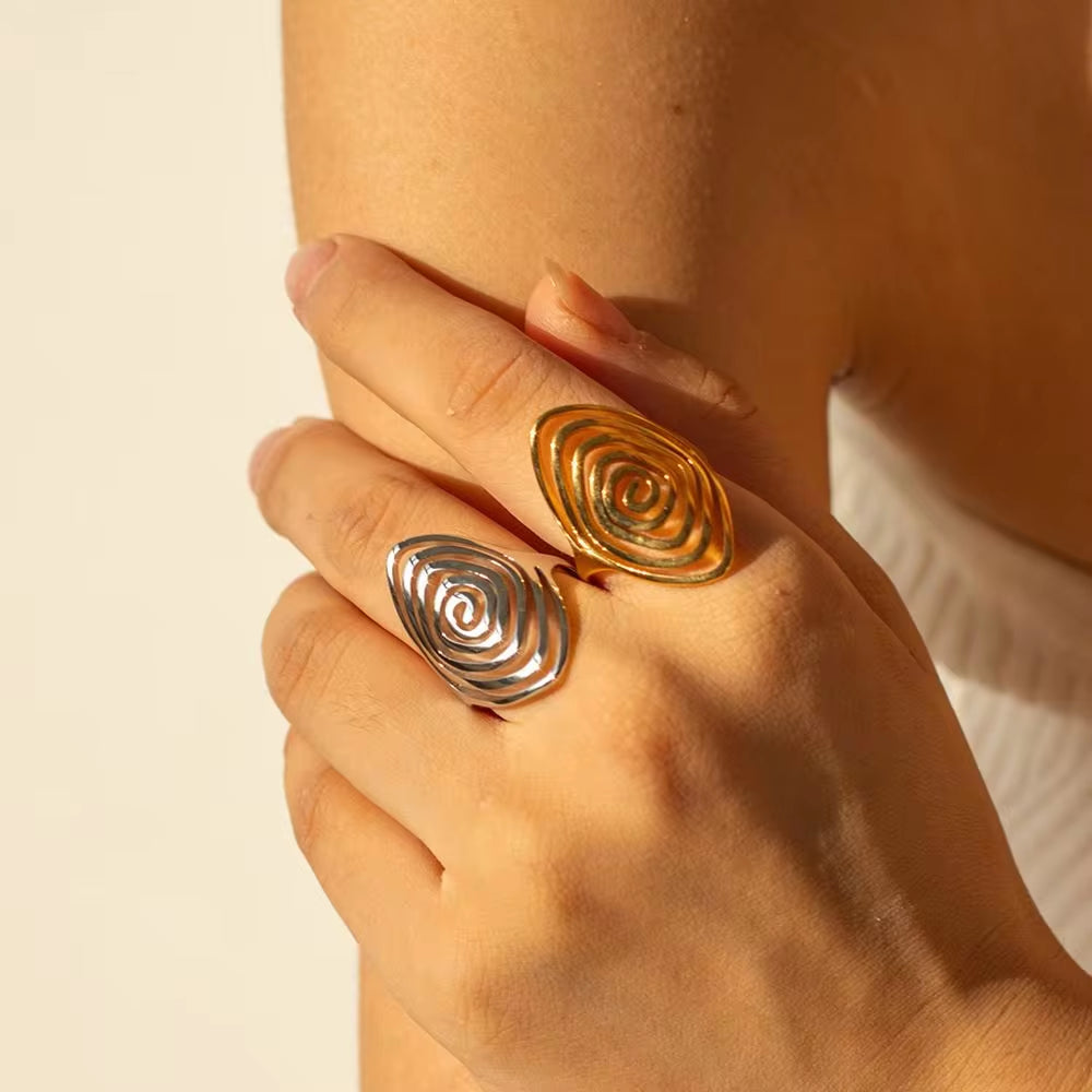 Geometric Jewelry Stainless Steel Ring Girls 18K Gold Plated Thin Lines Hollow Spiral Stacking Rings My Store