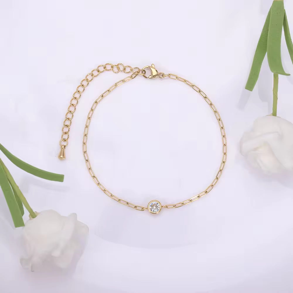 18K PVD Gold Plated Waterproof Stainless Steel Paper Clip Chain round Zirconia Bracelet for Women Wholesale Jewelry My Store