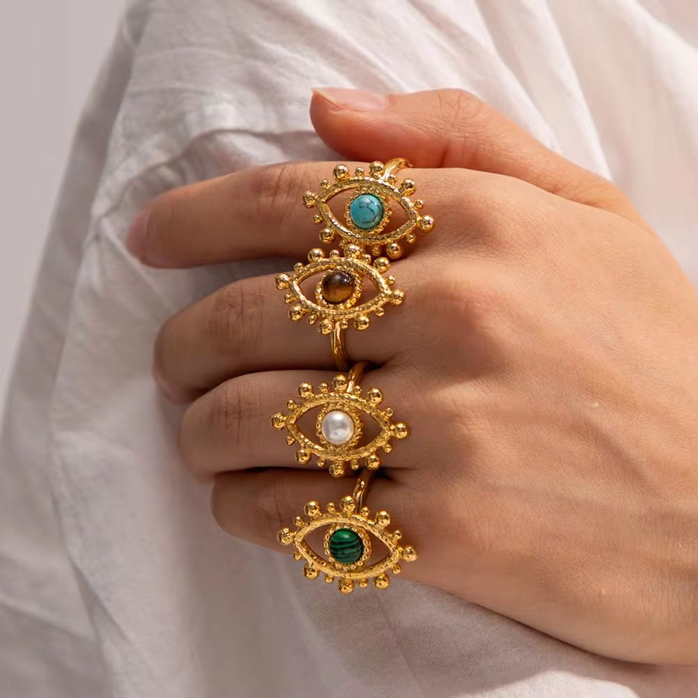 18K Gold Plated Stainless Steel Design Finger Natural Turquoise Malachite Tiger Eyes Stone Evil Eyes Rings My Store