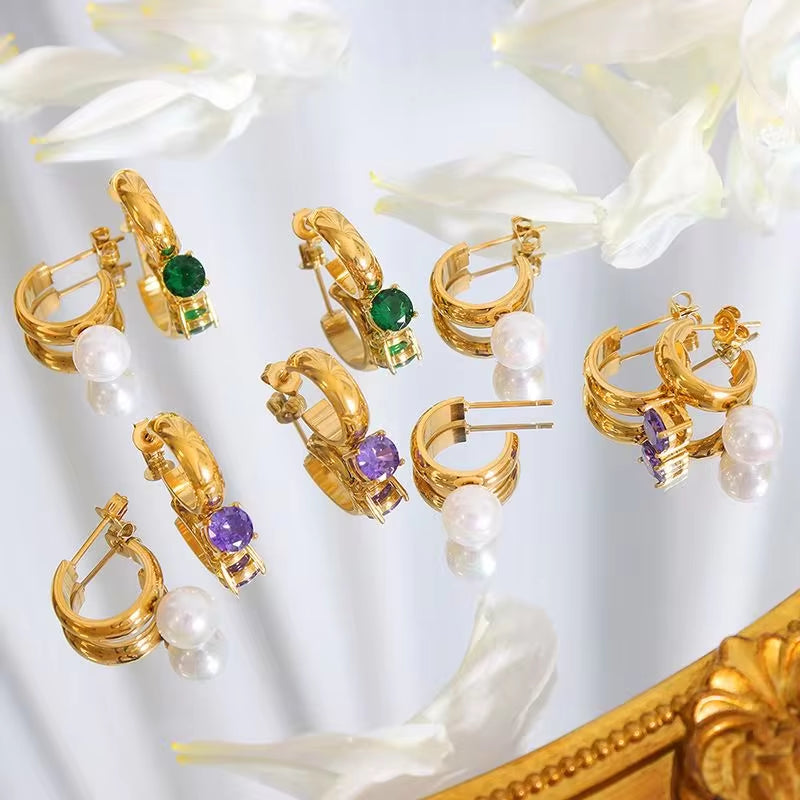 18K Gold Plated Stylish Charm Aretes Jewelry Stainless Steel Geometric Drop Pearl Zircon Studs Earrings Orecchino My Store