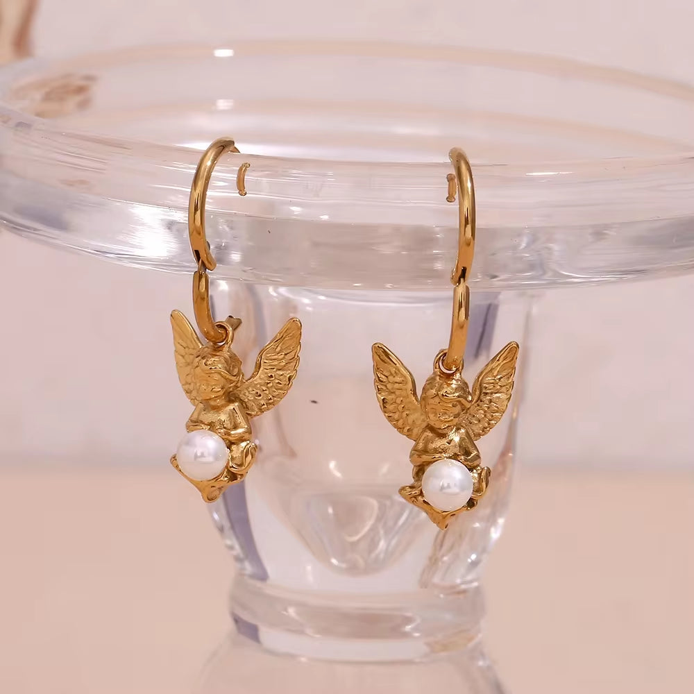 Vintage Pearl Angel Pendant Necklace and Earring Set Gold Plated Stainless Steel Jewelry Set My Store