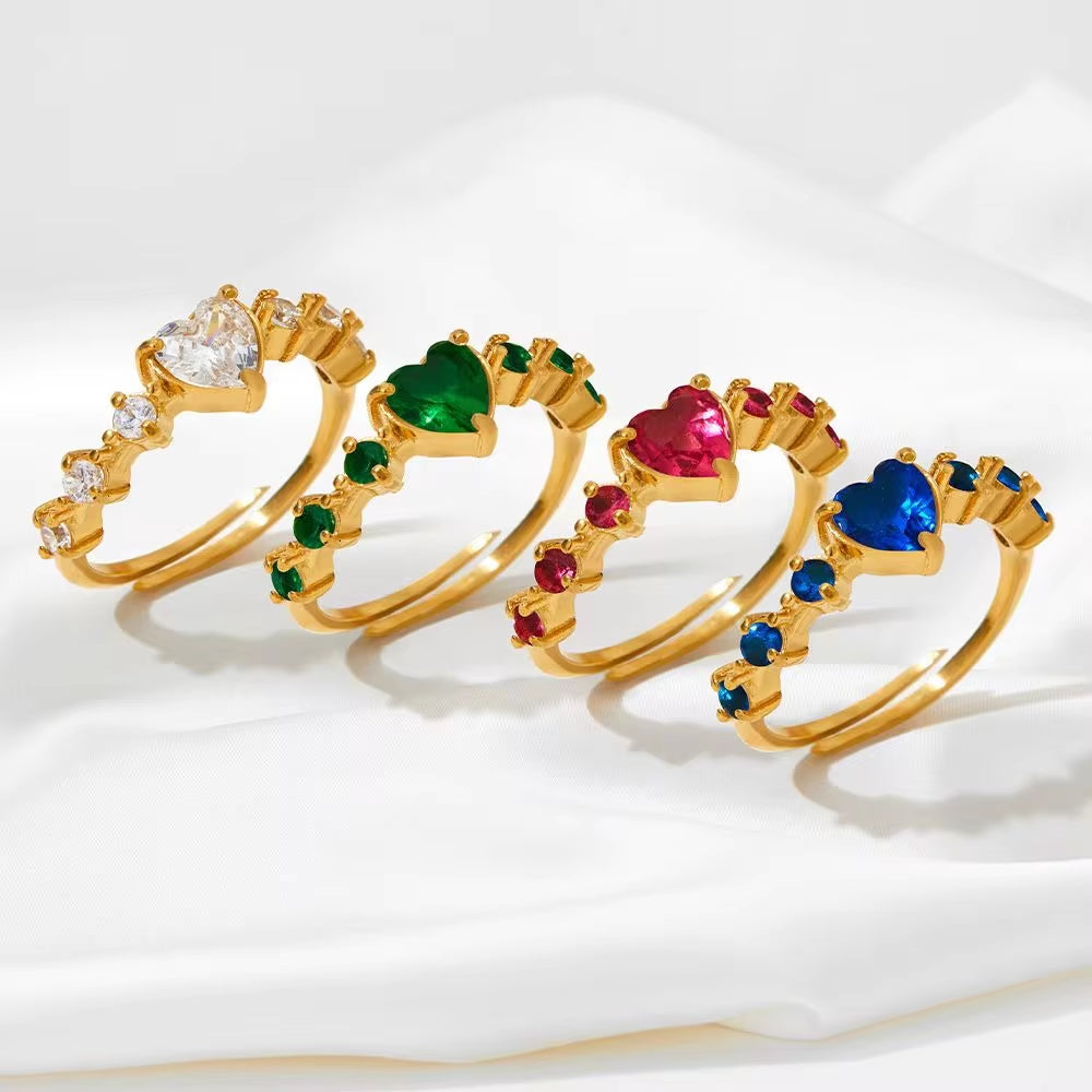 Gold Plated Adjustable Crystal Heart Shape Zircon Inlay Ring Tarnish Free Stainless Steel Diamond Wedding Rings My Store
