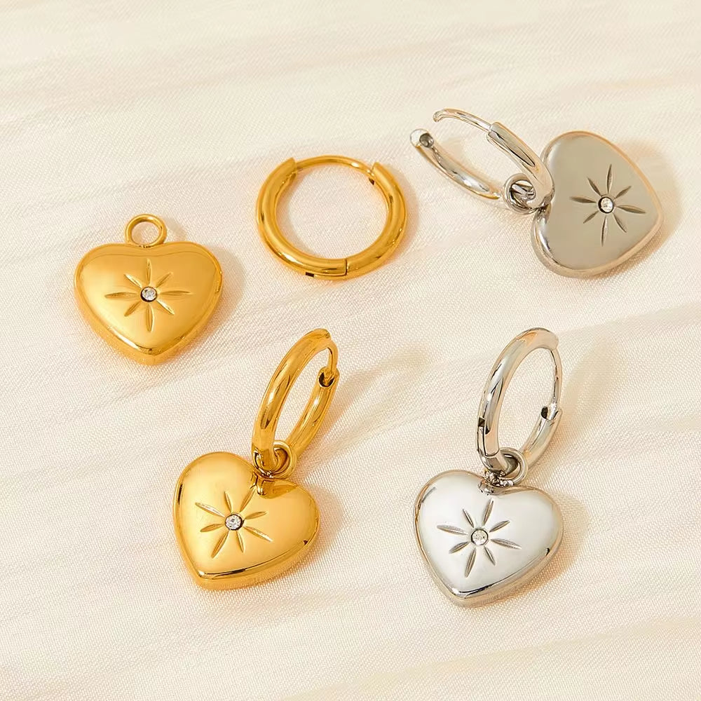 Wholesale Custom Pvd 18K Gold Plated Stainless Steel Jewelry North Star Heart Dangle Charm Hoop Earrings My Store