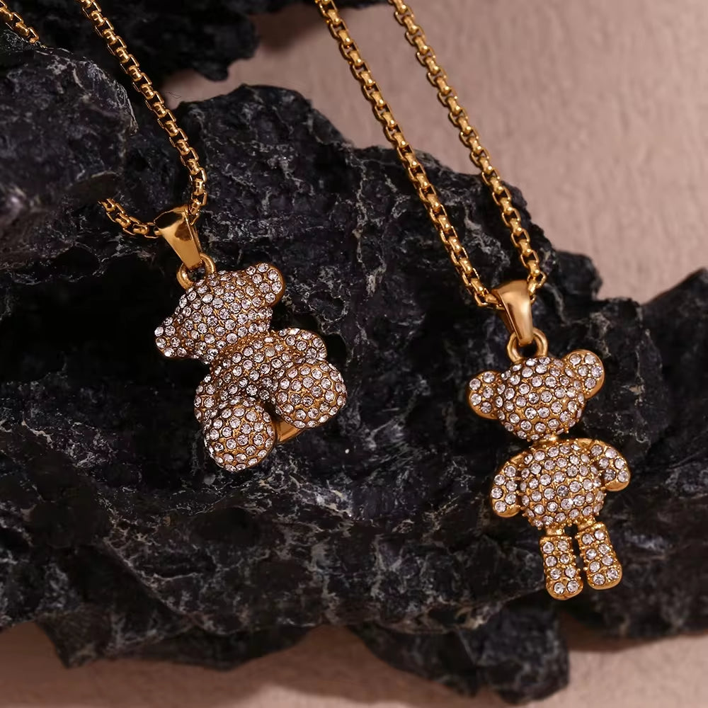 Shining Zircon Party Jewelry Cute Bear Pendant Necklace Gold Plated Rope Chain Necklace Stainless Steel My Store