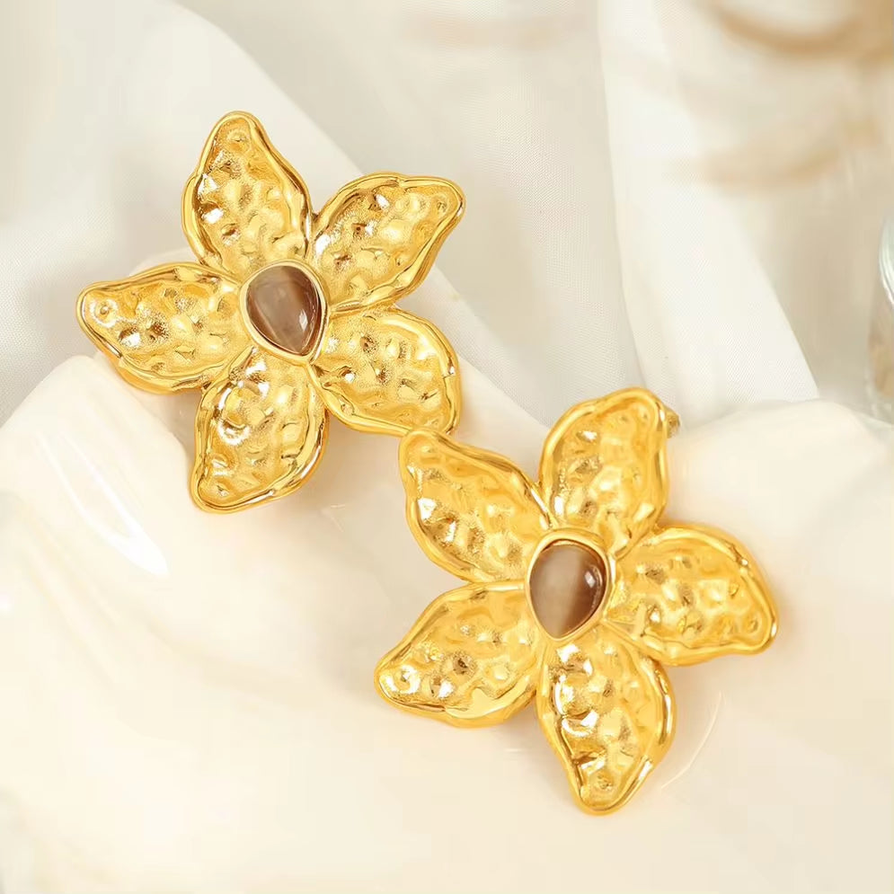 JEWELRY EH288 Exaggerated Design Earrings 18K Gold Stainless Steel Tiger Eye Stone Earrings Fashion Earrings My Store