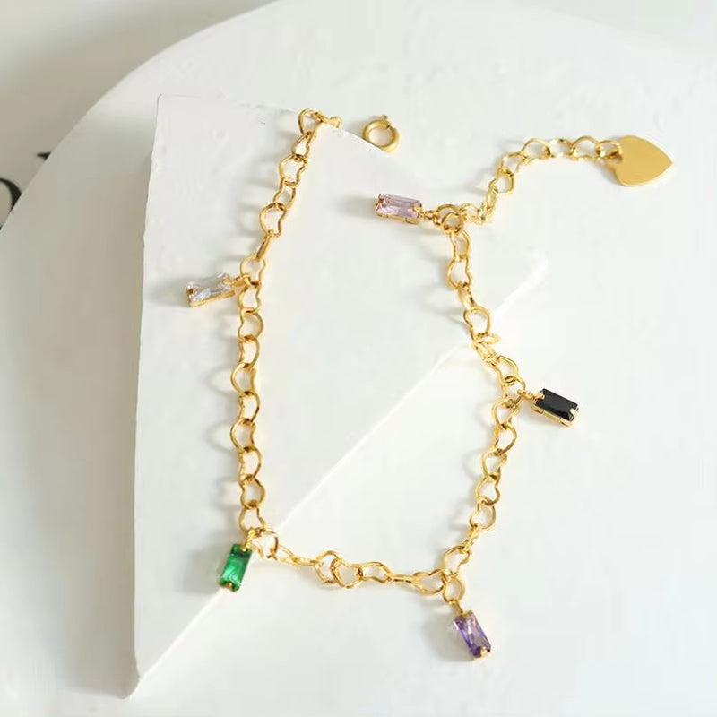 Fashion Gold Plating Titanium Steel Link Chain Zircon Stainless Steel CZ Square Bracelet for Ladies My Store