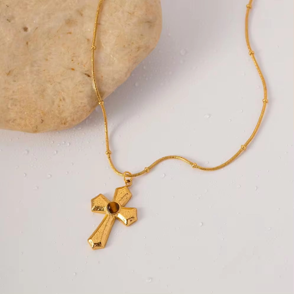 Jewelry 18K PVD Gold Plated Hammer Cross Necklace Tiger Eye Stone Cross Pendant Necklace for Women My Store