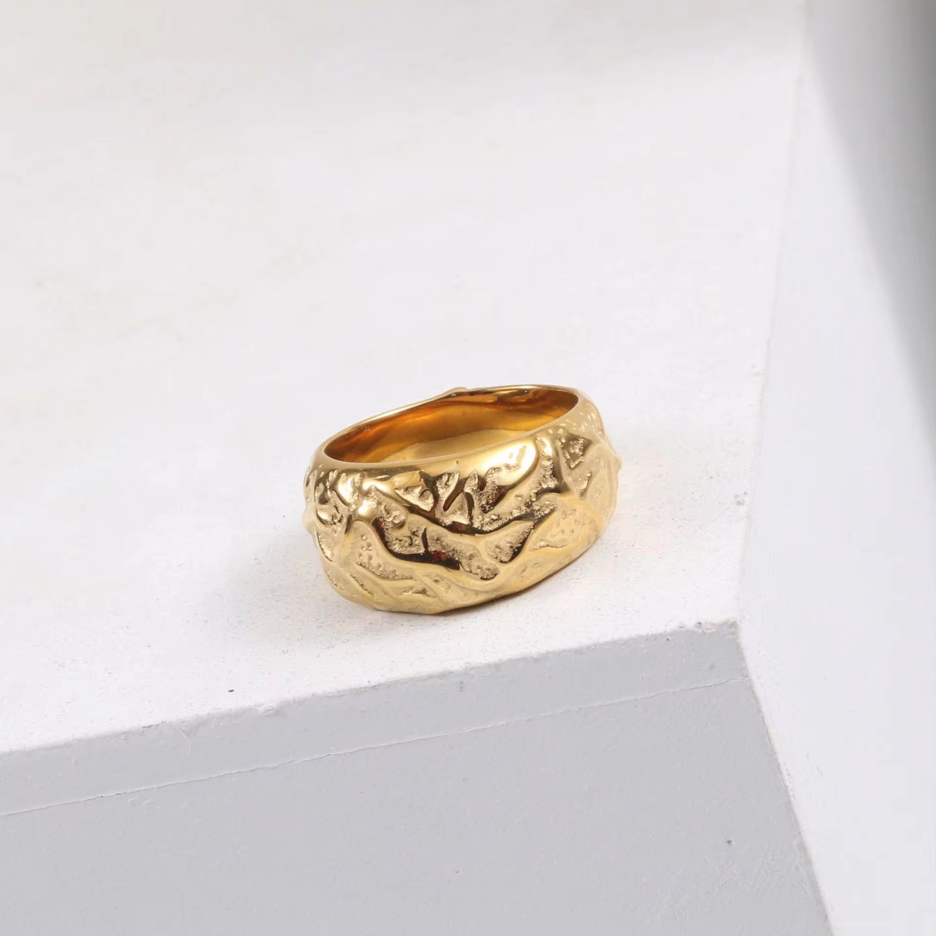 FANJIN Jewelry Wholesale 18K Gold Plated Band Meteor Crater Chunky Stainless Steel Rings for Women Statement Rings My Store