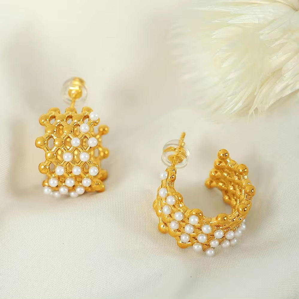 JEWELRY EH246-7 Hollowed Out Small Gold Beads Patchwork Grid-Like Earrings Set with Rubber Beads Rhinestone Earrings My Store