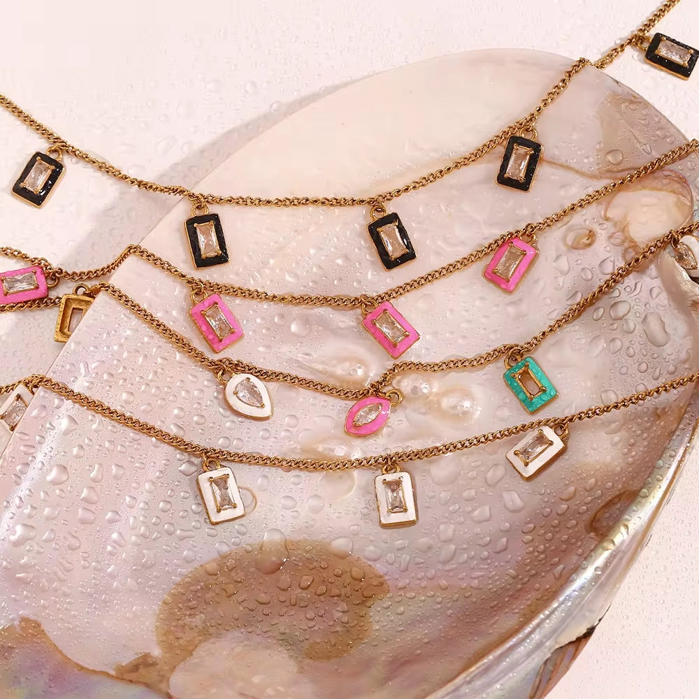 Shining Zircon Enamel Charm Necklace Gold Plated Jewelry Water Drop Choker Necklace Stainless Steel Necklace My Store