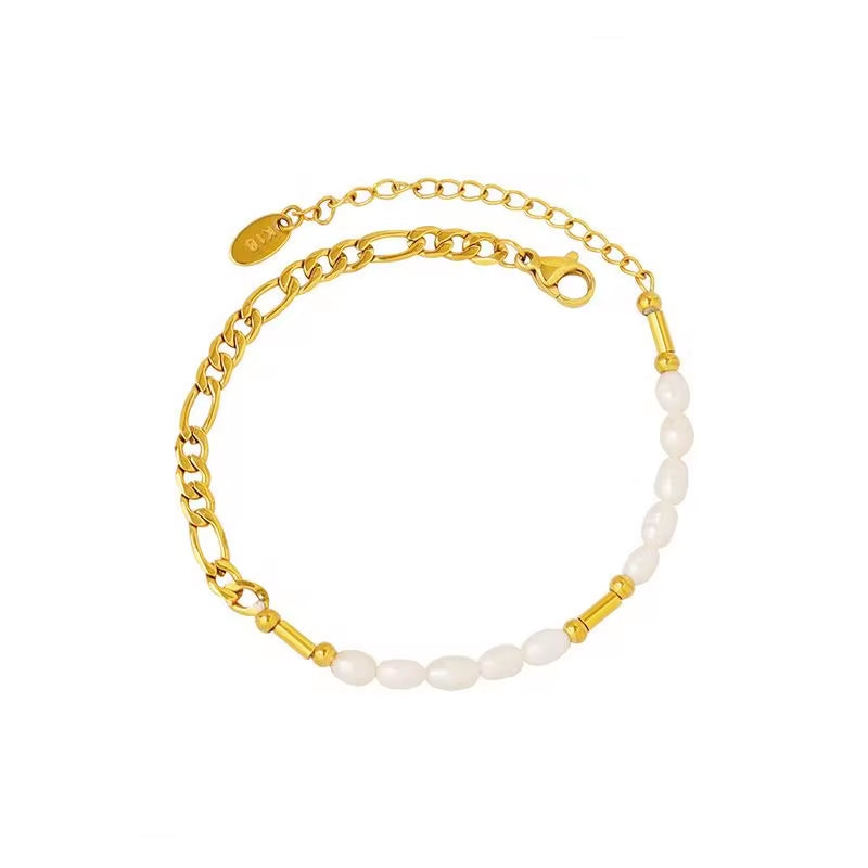 Stainless Steel Beaded Elegant Splicing 18K Gold Plated Pearl Figaro Chain Bracelet My Store