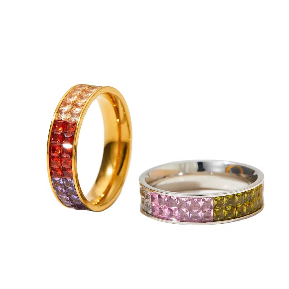 Classic Hot Sell Double Layer Square Crystal Pave Multicolor Stainless Steel Ring Colorful Diamond Rings Jewelry Wome My Store