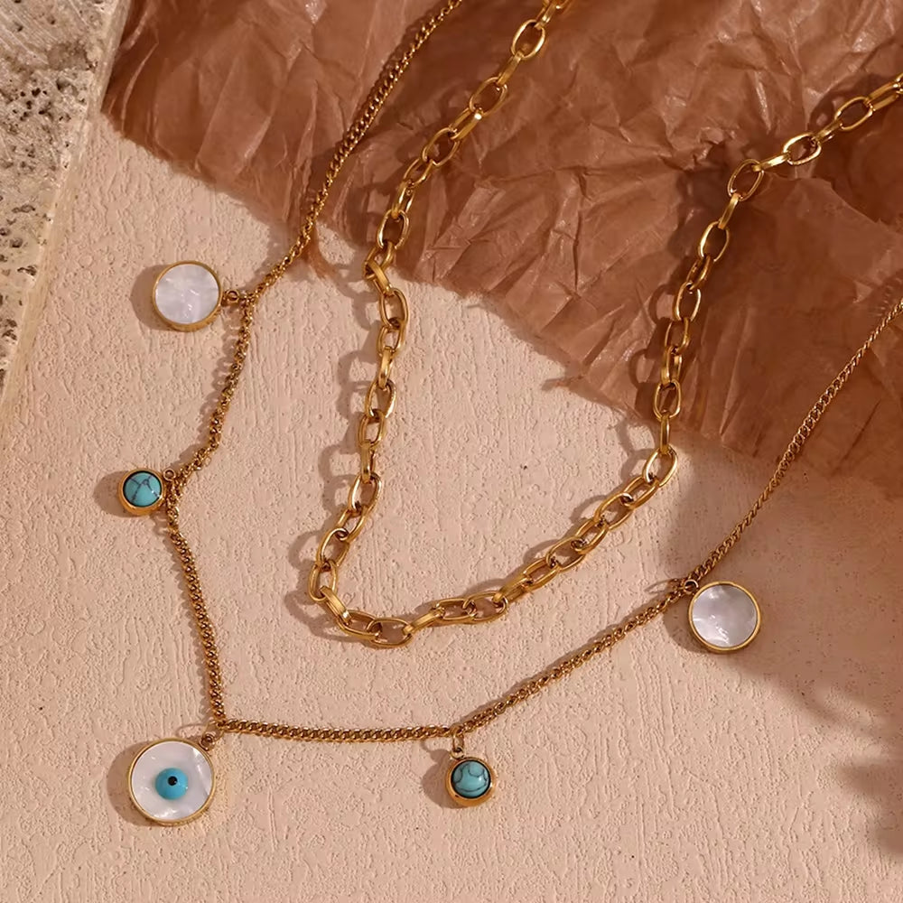 Turquoise Evil Eye Charm Necklace Double Layer Chain Necklace Gold Plated Stainless Steel Jewelry My Store