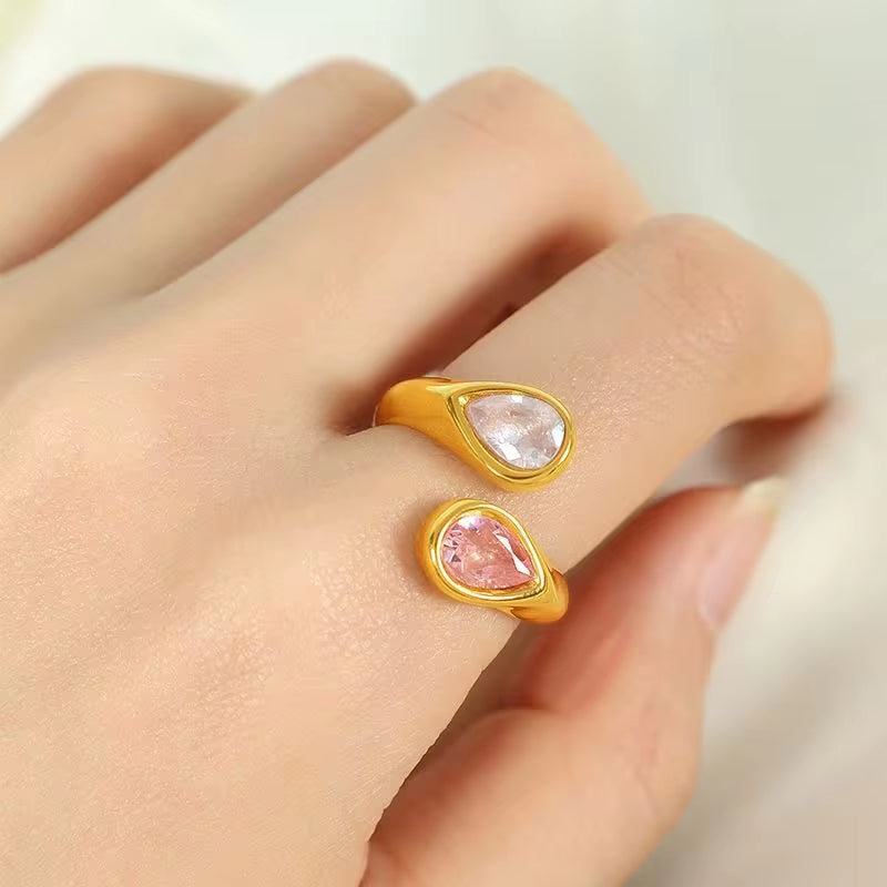 JEWELRY JZ14 Hot Sale Zirconia Double Teardrop Open End Ring Stainless Steel 18K Gold Plated Fashion Jewelry My Store